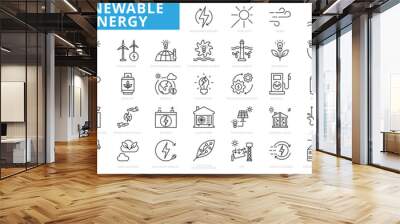 Renewable energy icon set with sunlight, wind, water, fossil fuel, oil, gas, coal, air pollution, solar and panel. Wall mural