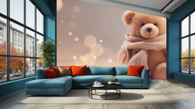  Teddy bear with wool scarf radiates cozy holiday comfort.                               Wall mural