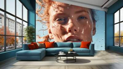 A close-up portrait of a woman with red hair enjoying the water. Active, sporty lifestyle by the water. Ideal for promoting beach vacations and outdoor activities. Wall mural