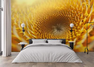 A close-up view of a sunflower's intricate spiral pattern, highlighting the natural beauty and detail of its petal arrangement. Wall mural