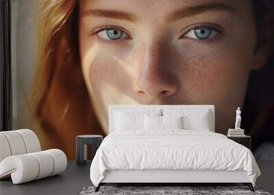 A freckled young woman with natural beauty, her face illuminated by the Nordic sunlight. Wall mural