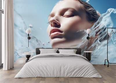 A young woman's close-up face submerged underwater, experiencing the pleasure and serenity of the clear blue sea. Rejuvenation and skincare, for beauty and wellness content. Wall mural