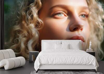 Curly beautiful young woman with dewy skin outdoors. Generative AI.  Wall mural