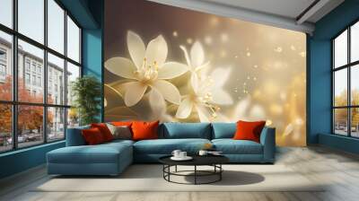 Floral feminine banner with jasmine flowers and bokeh glow. Created with Generative AI technology.	 Wall mural