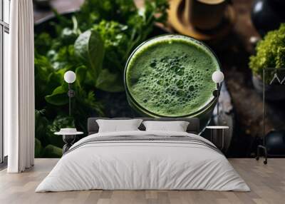 Green smoothie in a glass, with herbs and leafy greens on a table. Healthy green shake wellness drink. Wall mural