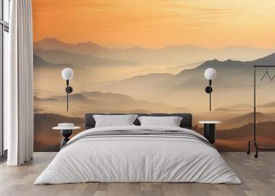 Landscape background with sunrise over misty mountains. Dramatic sky, rolling hills and serene nature scene at twilight. Wall mural