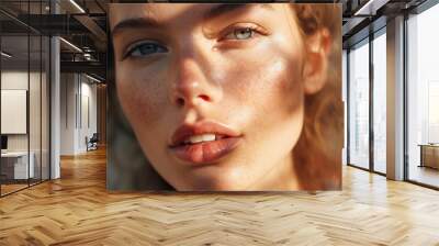 Natural young woman with freckles in sunlight with shadows on face. Natural beauty close-up of a blond woman. Wall mural