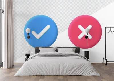 3d check mark icon button, blue tick and red cross signs symbols. check box frame - yes or no 3d checkmark icons buttons, right, wrong, approved, rejection sign vector illustration Wall mural