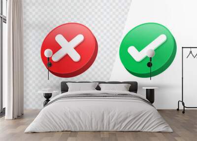 3d checkmark icon button correct and incorrect sign or check mark box frame with green tick and red cross symbols - yes or no 3d icons buttons Wall mural