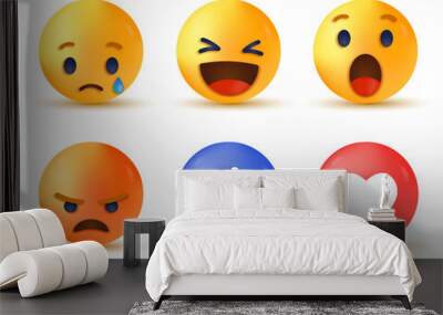 3d social media reaction, collection of emoji reactions, sad cry emoji, funny haha emoticon, surprise wow emoji, grumpy angry emoticon, like thumb up icon, love heart icon Wall mural