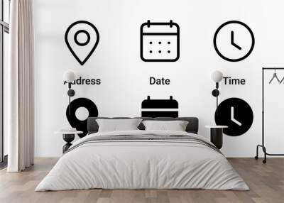 Address location icon. Stopwatch timer icon. Date Calendar icon - Web icons set Wall mural