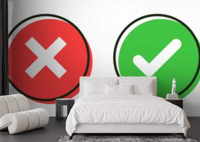 check mark icon button set. check box icon with right and wrong buttons and yes or no checkmark icons in green tick box and red cross. Line flat style. vector illustration Wall mural