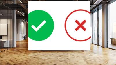 check mark icon button set. check box icon with right and wrong buttons and yes or no checkmark icons in green tick box and red cross. vector illustration Wall mural