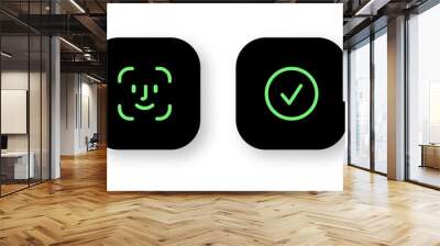 face id icon with check mark box icon with correct or accept. facial recognition and identification face scan line icon set, flat web sign symbol logo button. vector security concept Wall mural