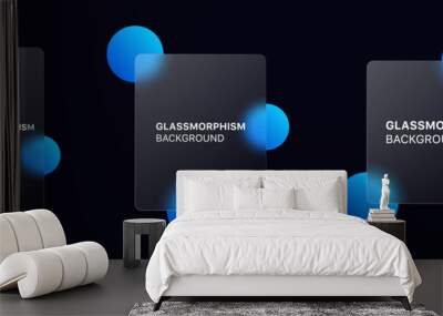 glassmorphism background banner with transparent glass frame template . Realistic Frosted glass morphism effect with blurred abstract gradient blue circle shapes. Vector illustration Wall mural