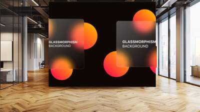 glassmorphism background banner with transparent glass frame template . Realistic Frosted glass morphism effect with blurred abstract gradient orange circle shapes. Vector illustration Wall mural