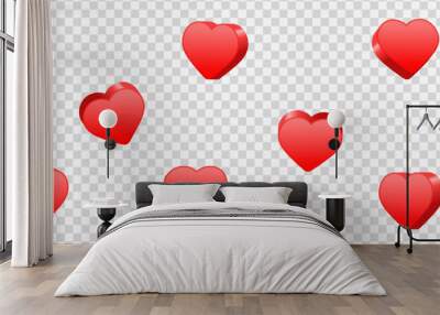 Heart icon button like background. social media notification icons 3d modern, love like red heart glossy shape social network post reactions - favorite hearts, 3d rendering, 3d vector illustration Wall mural