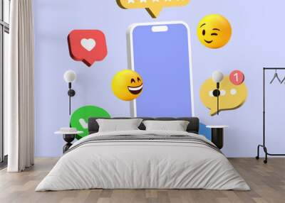 social media background communication concept. social network icons with smartphone and modern heart, chat message speech bubble icon, 3d funny emoticon emoji. Digital marketing 3d vector illustration Wall mural