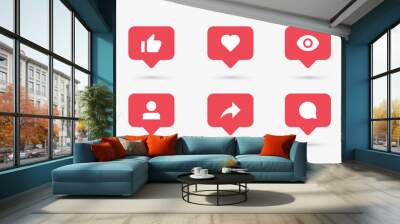 Social media notification icons in speech bubbles like love comment share follower seen icon Wall mural