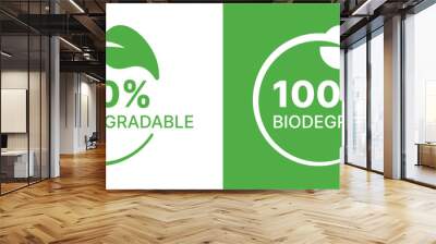 100% Biodegradable icon set. Compostable, recyclable, eco-friendly, sustainability concept. Vector illustration. Wall mural