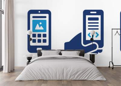 Application on mobile phone icon set. Hand holding smartphone with app template design. Wall mural