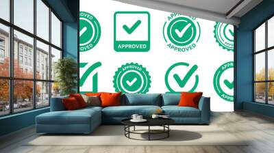 Approved label icon sign vector set. Collection of approval badge with check mark symbol illustration. Wall mural