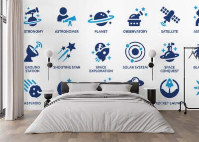 Astronomy icon set. Containing satellite, universe, astronaut, rocket, comet, telescope and planet icons. Solid icon collection. Wall mural