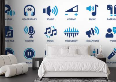 Audio icon set. Containing headphones, sound, music, volume, earphones, equalizer and speaker icons. Solid icon collection. Vector illustration. Wall mural