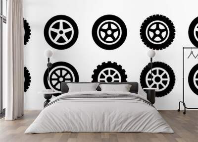 Black rubber wheel tire set icon illustration. Wall mural