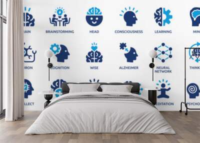 Brain icon set. Containing mind, brainstorming, head, neuron, cognition, thinking, intelligence and more. Solid vector icons collection. Wall mural