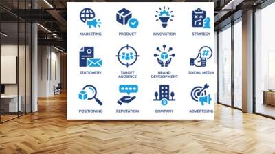 Branding icon set. Containing marketing, product, brand value, design, logo, brand development, social media, advertising and loyal customers icons. Solid icon collection. Wall mural