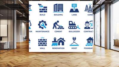 Build and construction icon element set. Containing crane, building, land, excavator, maintenance, contractor, worker, architecture and more. Solid icons vector collection. Wall mural