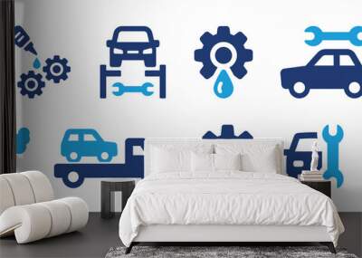 Car repair service icon set. Containing car mechanic, change automobiles engine oil and tow truck icons. Vector illustration. Wall mural