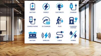 Charging icon set. Containing charge, battery, energy, electricity, charger, recharge, electric car and charging station icons. Solid icon collection. Vector illustration. Wall mural