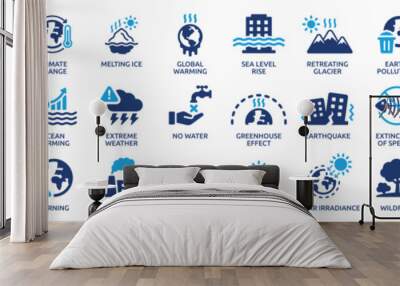 Climate change icon set. Containing global warming, greenhouse, melting ice, earth pollution and disaster icons. Solid icon set. Wall mural