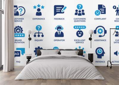 Customer service icon set. Containing customer satisfied, assistance, experience, feedback, operator and technical support icons. Solid icon collection. Wall mural