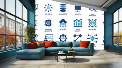 Data analytics icon set. Big data analysis technology symbol. Containing database, statistics, analytics, server, monitoring, computing and network icons. Solid icons vector collection. Wall mural