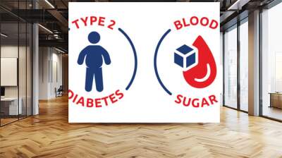 Diabetes type 1 and type 2 with overweight and slim diabetic person. Blood sugar and glucose monitor symbol. Icon vector set illustration. Wall mural