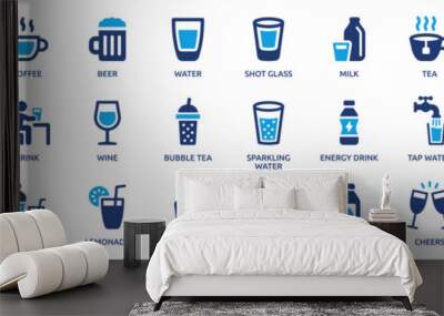 Drinks icon set. Containing water, coffee, tea, drinking, glass, soda, cocktail, bottle, wine, beverage and more. Solid vector icons collection. Wall mural