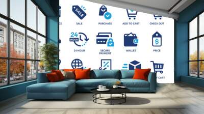 E-commerce icon set. Online shopping and delivery elements. E-business symbol. Solid icons vector collection. Wall mural