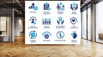 Employee benefits icon set. Containing social security, pay raise, health and life insurance, paid vacation, bonus and more icons. Solid icon collection. Wall mural