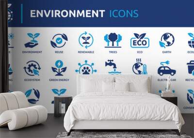 Environment icon set. Containing recycling, plant, nature, eco, earth, green energy, trees, ecology and more. Solid vector icons collection. Wall mural