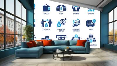 Finance icon set. Containing loan, cash, saving, financial goal, profit, budget, mutual fund, earning money and revenue icons. Solid icons collection. Wall mural