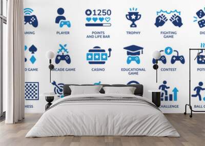 Game icon set. Gaming icon elements containing points and life bars, console, player, chess, multiplayer, casino and mobile game icons. Solid icon collection. Wall mural