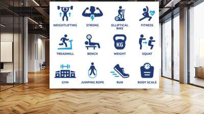 gym and fitness icon set. containing healthy lifestyle, weight training, body care and workout or ex Wall mural