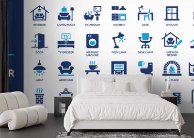 Home interior icon set. Furniture and house decoration vector illustration. Solid icons collection. Wall mural