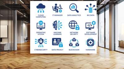 Information Technology icon set. Containing cloud computing, IT manager, big data, data analytics, internet, network security and more. Solid vector icons collection. Wall mural