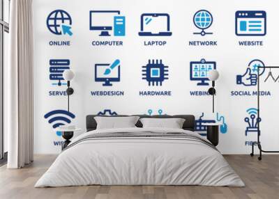 Internet computer icon set. Containing online, computer, network, website, server, web design, hardware, software and programming. Solid icons vector collection. Wall mural