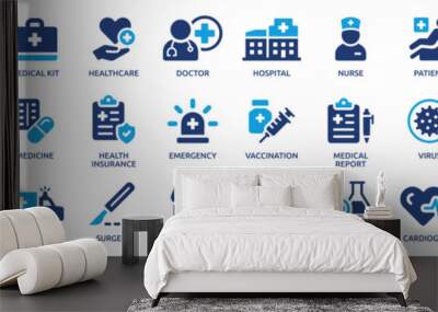 Medical icon set. Containing doctor, medicine, hospital, treatment, healthcare, nurse, pills, clinic and more. Solid vector icons collection. Wall mural