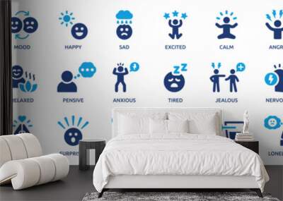 Mood icon set. Containing happy, sad, excited, calm, angry, tired and stressed icons. Solid icon collection. Vector illustration. Wall mural